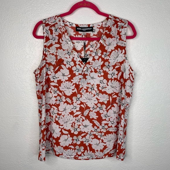 Karl Lagerfeld Floral Print Pearl V-neck Top - Picture 2 of 7